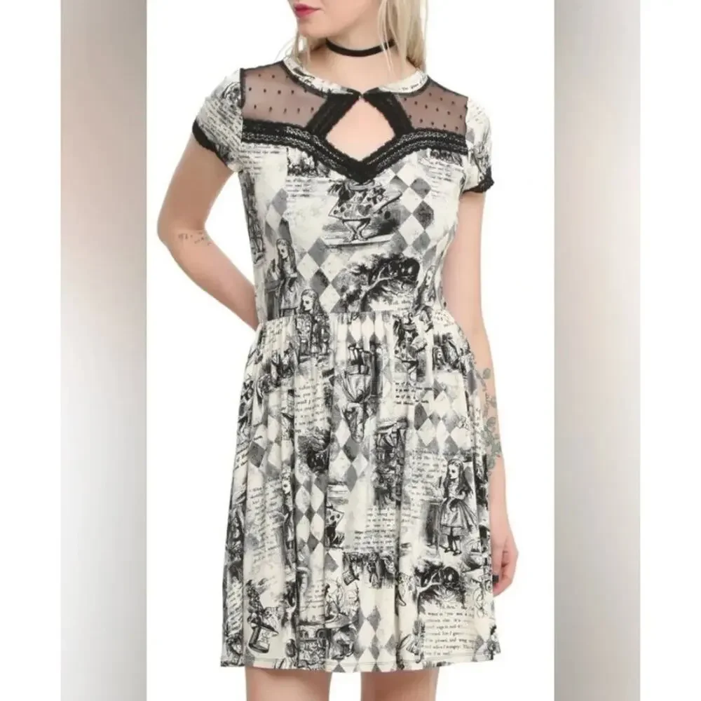 Hot Topic Womens Alice Storybook Printed Dress Sz L Lace Wonderland Whimsi Black - Picture 2 of 10